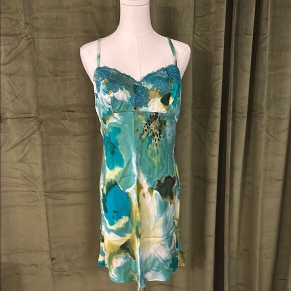 Josie Natori 100% silk Teal and Yellow Floral Slip Dress, M - Picture 1 of 7